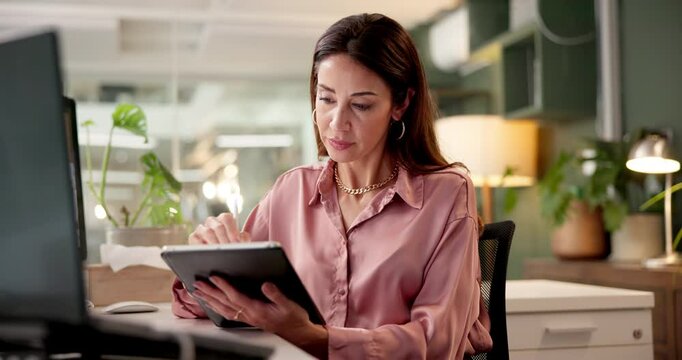 Typing, creative and woman with tablet, office and communication with contact, website and project. Professional, digital and person with app for business, event planner and social media for research - Powered by Adobe