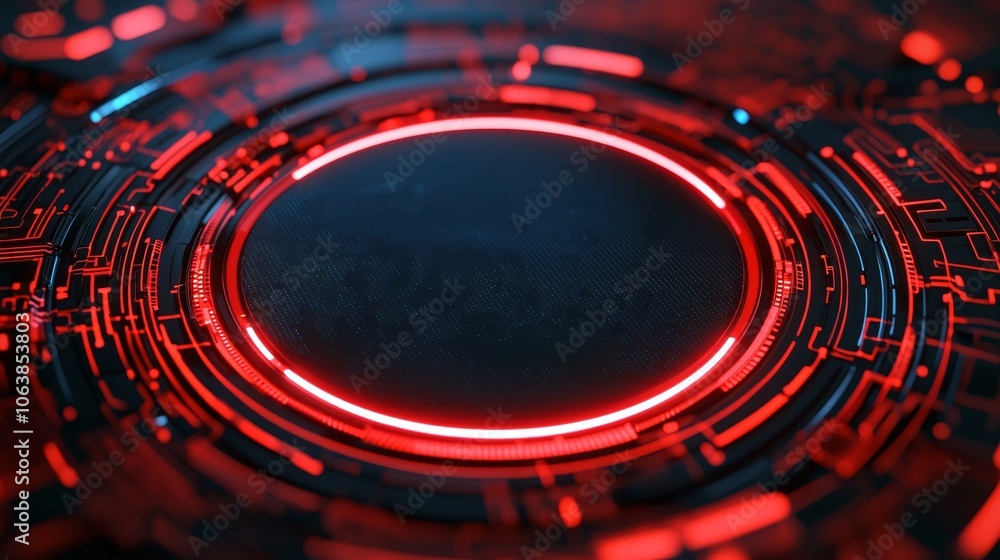 Poster futuristic digital design featuring circular glowing red patterns against a dark background.