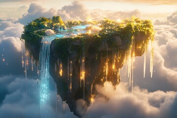 mystical, fantasy floating island on the sky with the clouds around and with magical waterfall and enchanted glowing lights, surreal landscape