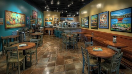 A cozy café interior featuring colorful artwork and wooden tables.