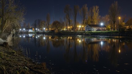 The reflection of floodlights on a nearby body of water adding an ethereal quality to the already bustling site.