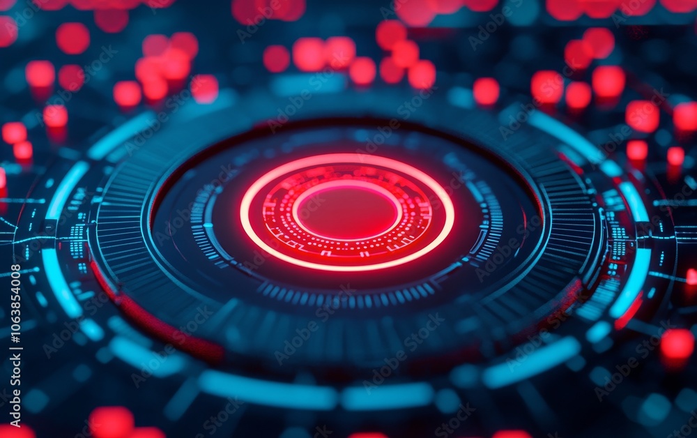 Poster futuristic digital interface with glowing red elements and intricate patterns, ideal for tech themes