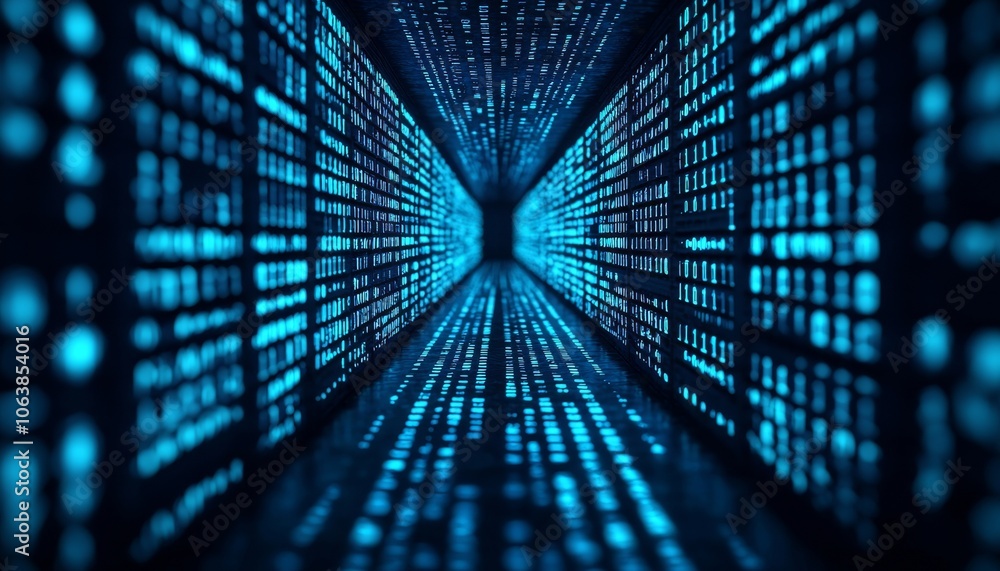 Poster futuristic digital tunnel with glowing blue data streams, representing advanced technology and cyber