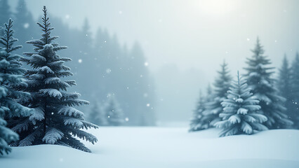 Obraz premium A serene winter scene features a tranquil Christmas background of fir trees gently swaying amidst softly falling snowflakes in the air