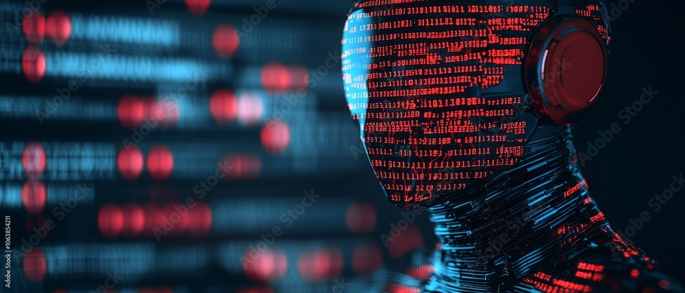 Poster futuristic humanoid figure surrounded by digital code, symbolizing ai and technology integration.