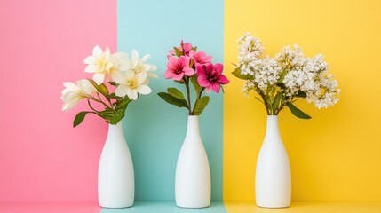 Fototapeta premium Three white vases with different colored flowers against a pastel background.
