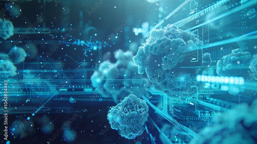 Poster complex nanostructures are navigating a digital environment, showcasing advancements in nanotechnolo