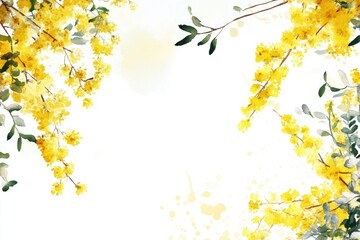 Delicate Mimosa Blooms Border. Watercolor Floral Illustration for Spring Greeting Cards