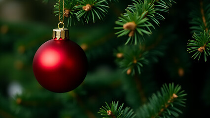 A red ornament adorns a lush green Christmas fir tree with its vibrant presence standing out amidst the branches