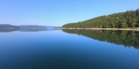 A serene lake surrounded by lush greenery reflecting the clear blue sky, serene, trees