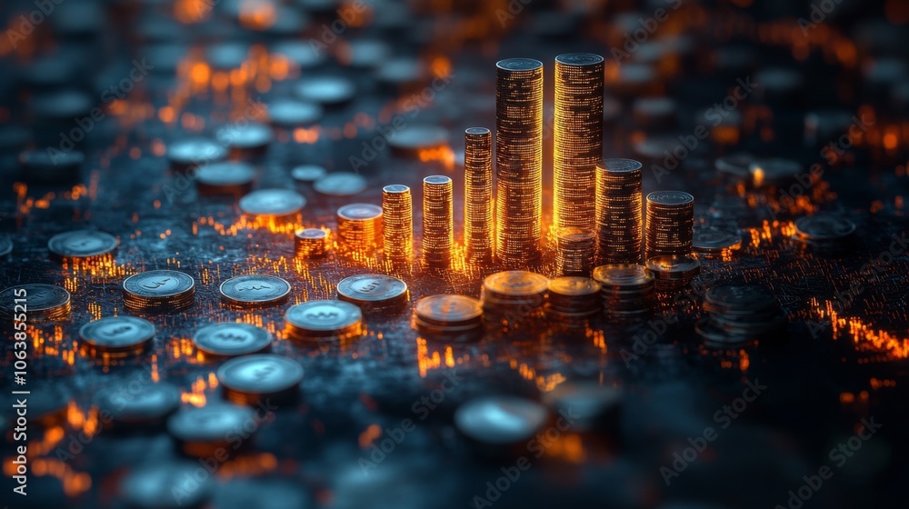 Poster stacks of coins glow with a warm light, creating an atmosphere of prosperity and financial success a