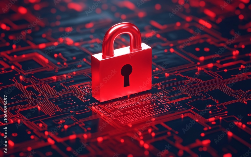 Poster red padlock on a digital circuit background, symbolizing security and data protection.
