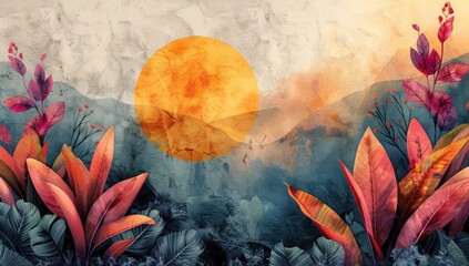 Vibrant illustration of tropical foliage with a warm sun setting behind rolling hills, This artwork is ideal for nature-themed projects, wall decor