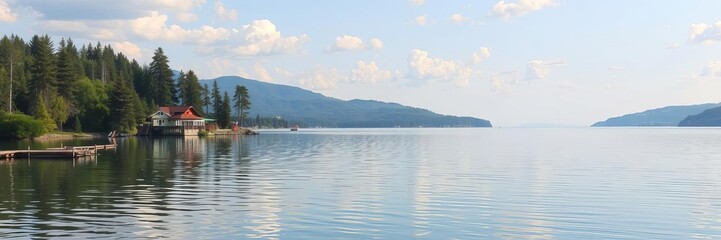 Fototapeta premium A serene lake surrounded by lush green trees reflecting in the calm water, nature, idyllic