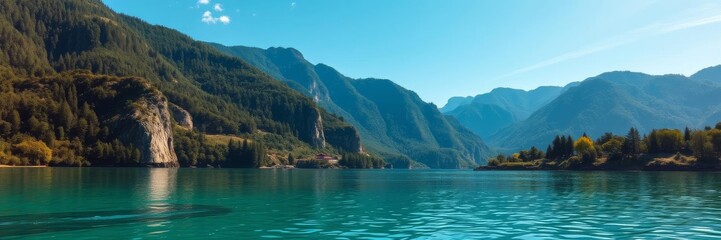 A serene lake surrounded by lush green trees reflecting the clear blue sky above, vacation, water