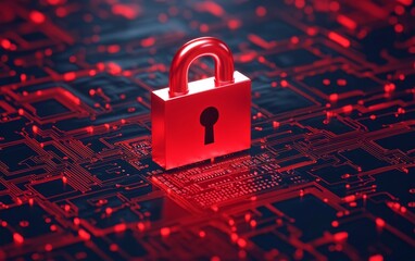 Red padlock on a digital circuit background, symbolizing security and data protection.