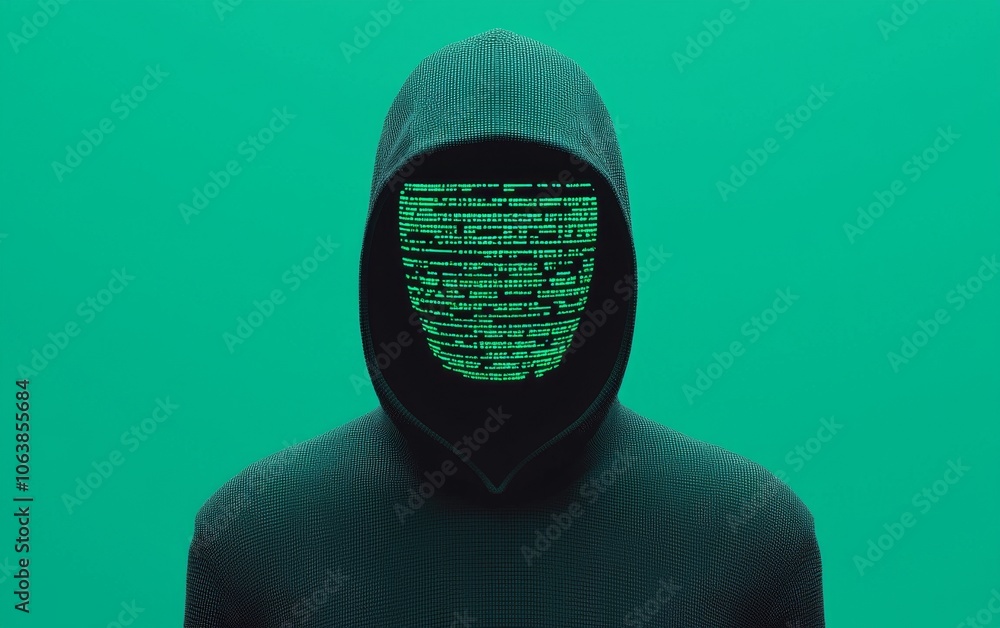 Poster silhouette of a hooded figure with a binary code mask against a vibrant green background.