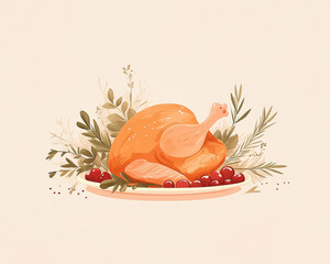 illustration of a roasted turkey with herbs and cranberries