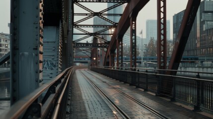 A silent urban bridge, wet from rain, leads the viewer toward towering city skyscrapers, shrouded in a misty atmosphere.