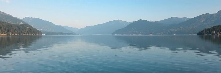 A serene lake reflecting the surrounding trees and mountains, reflection, lake