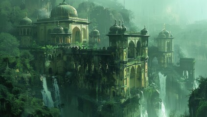 A grand, abandoned palace emerges from lush greenery, surrounded by cascading waterfalls, creating a mystical atmosphere, Ideal for themes of exploration, nature, fantasy, or lost civilizations,