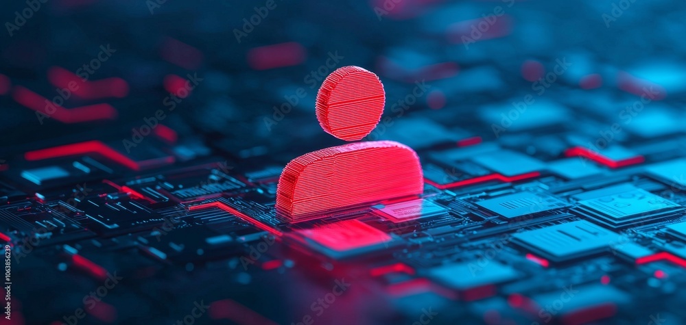 Poster stylized red user figure on digital circuit background, representing connection and data interaction
