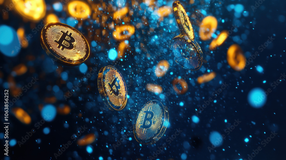 Poster abstract representation of digital coins floating in vibrant background, showcasing concept of crypt