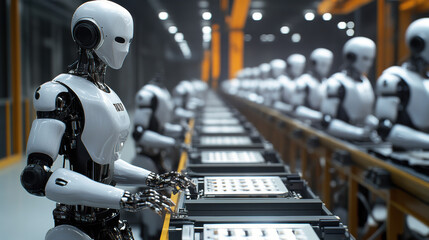 Robotic assembly line with AI driven robots working efficiently. scene showcases advanced technology in modern industrial setting, highlighting automation and precision
