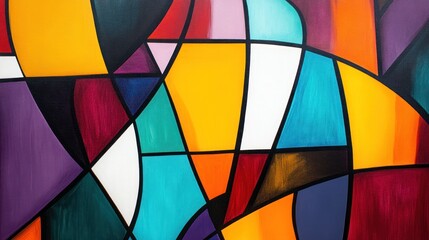 Abstract painting with colorful geometric shapes.