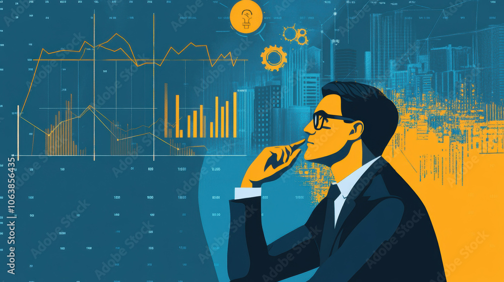 Poster analyzing data trends and financial insights, man in suit contemplates strategies for investment and