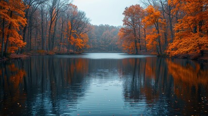 Obraz premium Scenic Autumn River Surrounded by Vibrant Foliage and Reflecting Water