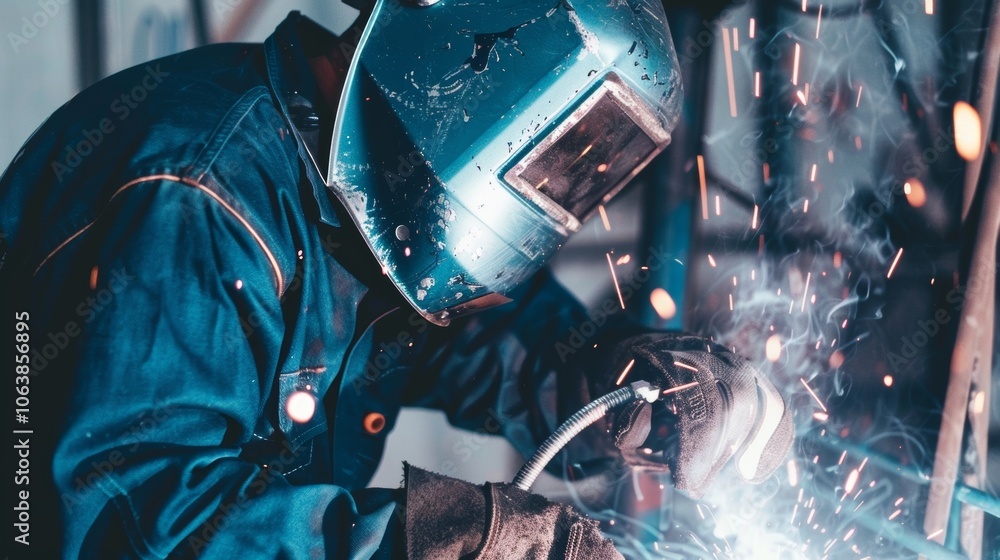Poster a welding mask hides the expression on a workers face as they focus on creating a strong weld on a p