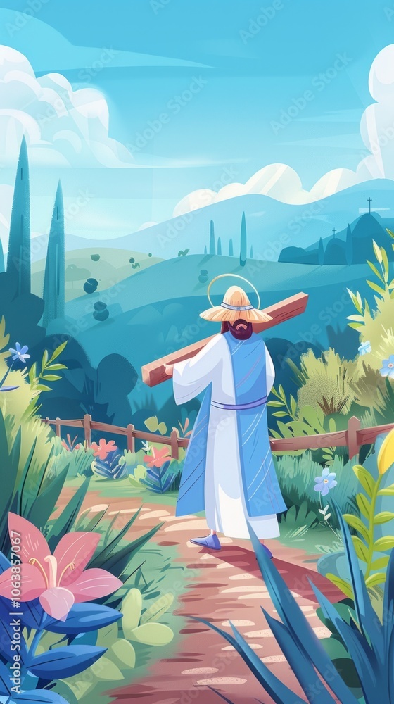 Poster artwork portrays jesus moving scenic path while carrying cross surrounded lush greenery and flowers 
