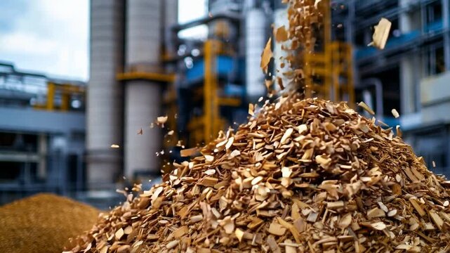 Wood chips being processed at a manufacturing facility near a cement factory on a cloudy day