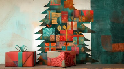 New Year greeting card. Artistic Christmas Tree with Gift Boxes Illustration
