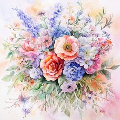 Romantic Blooms: Hand-painted Watercolor Floral Bouquet in Galvanized Container