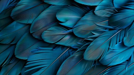 An abstract pattern of colorful tropical bird feathers in dark turquoise and teal tones, with delicate fluffy textures filling the frame.