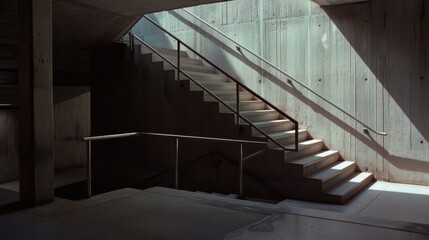 Obraz premium Sunlight artfully casts shadows through a concrete stairwell, illuminating the modern architecture.