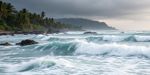 A serene beach with waves crashing against the rocks as the wind blows through the palm trees, rocks, scenic