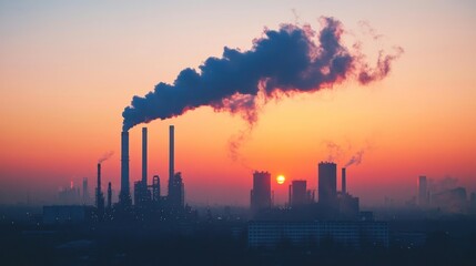 A silhouette of a factory emitting smoke against a vibrant sunset.
