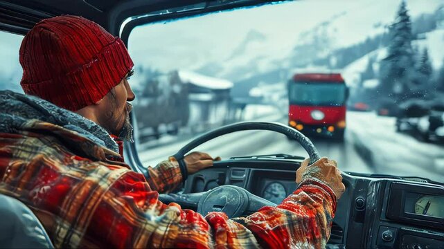 Side view of a driver in a red beanie, steering a truck through snowy roads with oncoming traffic