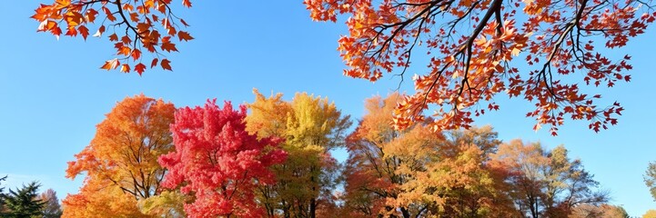 A scenic view of a vibrant autumn forest with colorful foliage and a clear blue sky, fall, clear sky