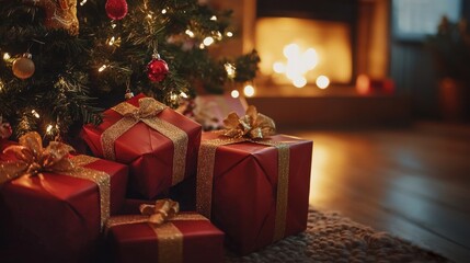 A festive Christmas tree adorned with ornaments stands beside beautifully wrapped red and gold presents, creating a warm and joyful holiday scene.
