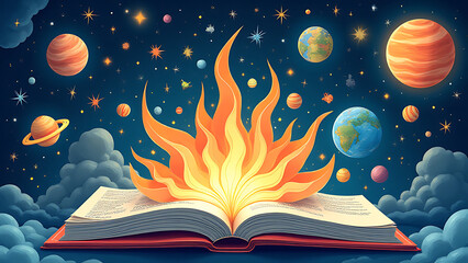 A paper art open book takes you on an educational journey through space with vector illustrations exploring new concepts and ideas freely