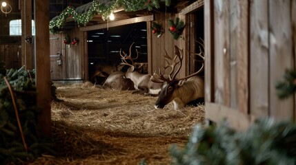 Reindeer rest in a warmly lit barn adorned with festive garlands, evoking the quiet magic and serene charm of a rustic holiday setting.