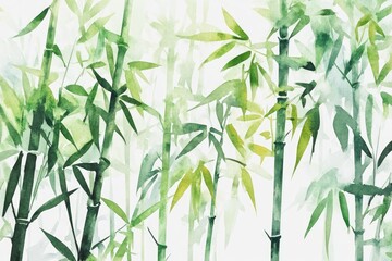 Obraz premium Tranquil Zen Bamboo Forest. Watercolor Illustration of Green Bamboo Stems and Leaves on White Background