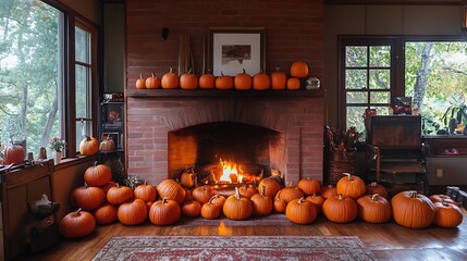 A cozy living room with a fireplace and pumpkins arranged around the room.  The fireplace is lit with a fire burning brightly.