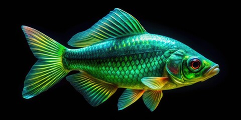 Fototapeta premium Beautiful Iridescent Green Neon Transparent Glass Fish in Tilt-Shift Photography on Black Background, Generative AI Imagery for Artistic and Nature Lovers