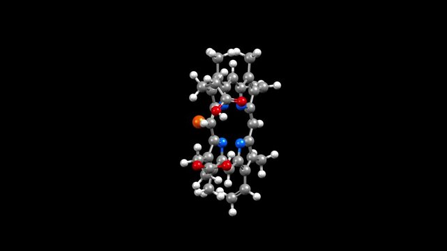 Structure of heme. Animated 3D ball-and-stick and spacefill models, black background.