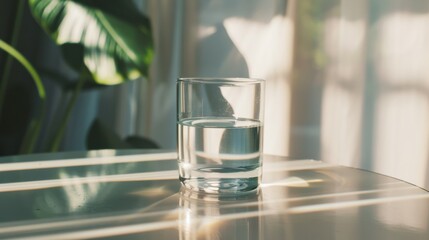 Sunlight streams through a window, casting soft, natural shadows on a glass of water on a tranquil morning.